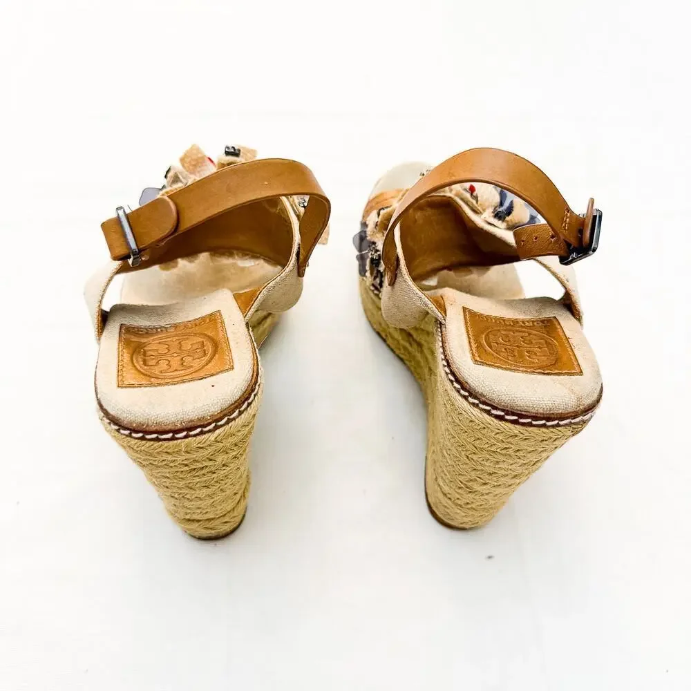 Tory Burch Mallory Lin Natural Espadrille Wedge Sandals Floral Applique Size 8.5
